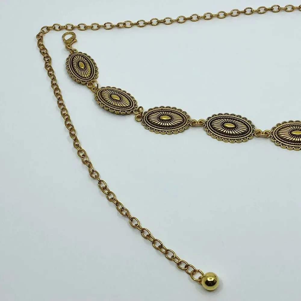 Vintage Y2K Western Gold-Tone Concho Chain Belt, Fits 16–39.5 Inches, X7GA1216